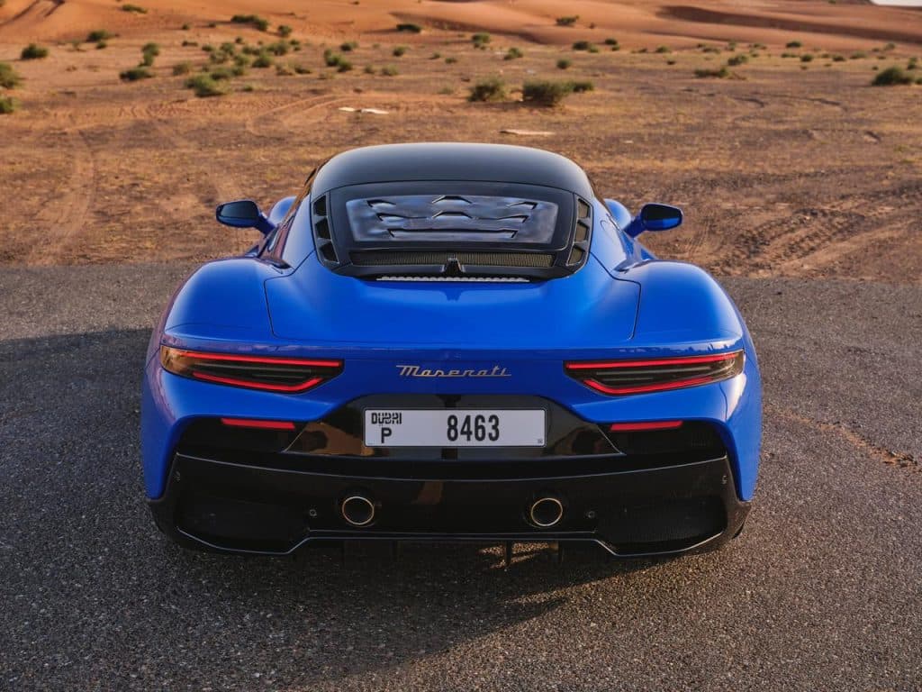 Maserati MC20 — Blue luxury car rental Dubai — view 3